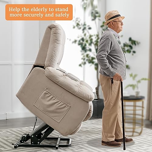 Beige Velvet Electric Lift Recliner Chair with Heat and Vibration V6526