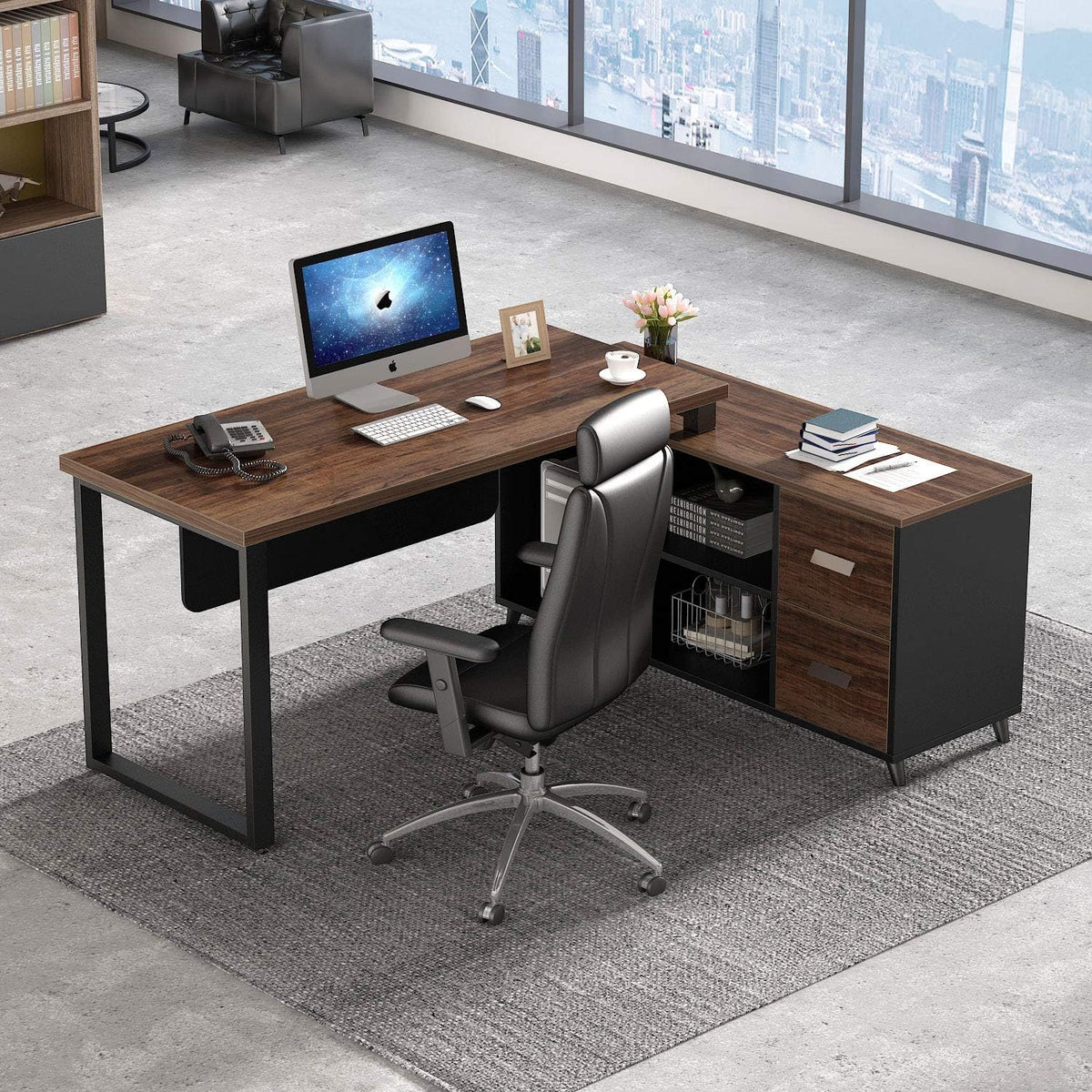55 Inch L-Shaped Computer Desk with Drawers and File Cabinet G76220