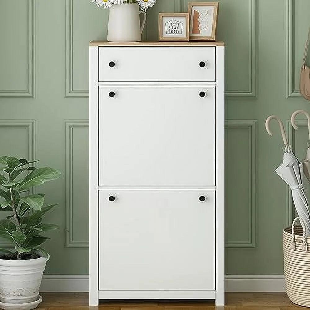 White Slim Shoe Cabinet with 2 Flip Drawers U810454