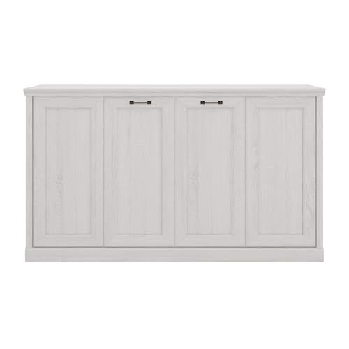 Twin Size Murphy Bed with Storage Bookshelf and USB Charging Station, Folding into a Cabinet, Rustic White H63189