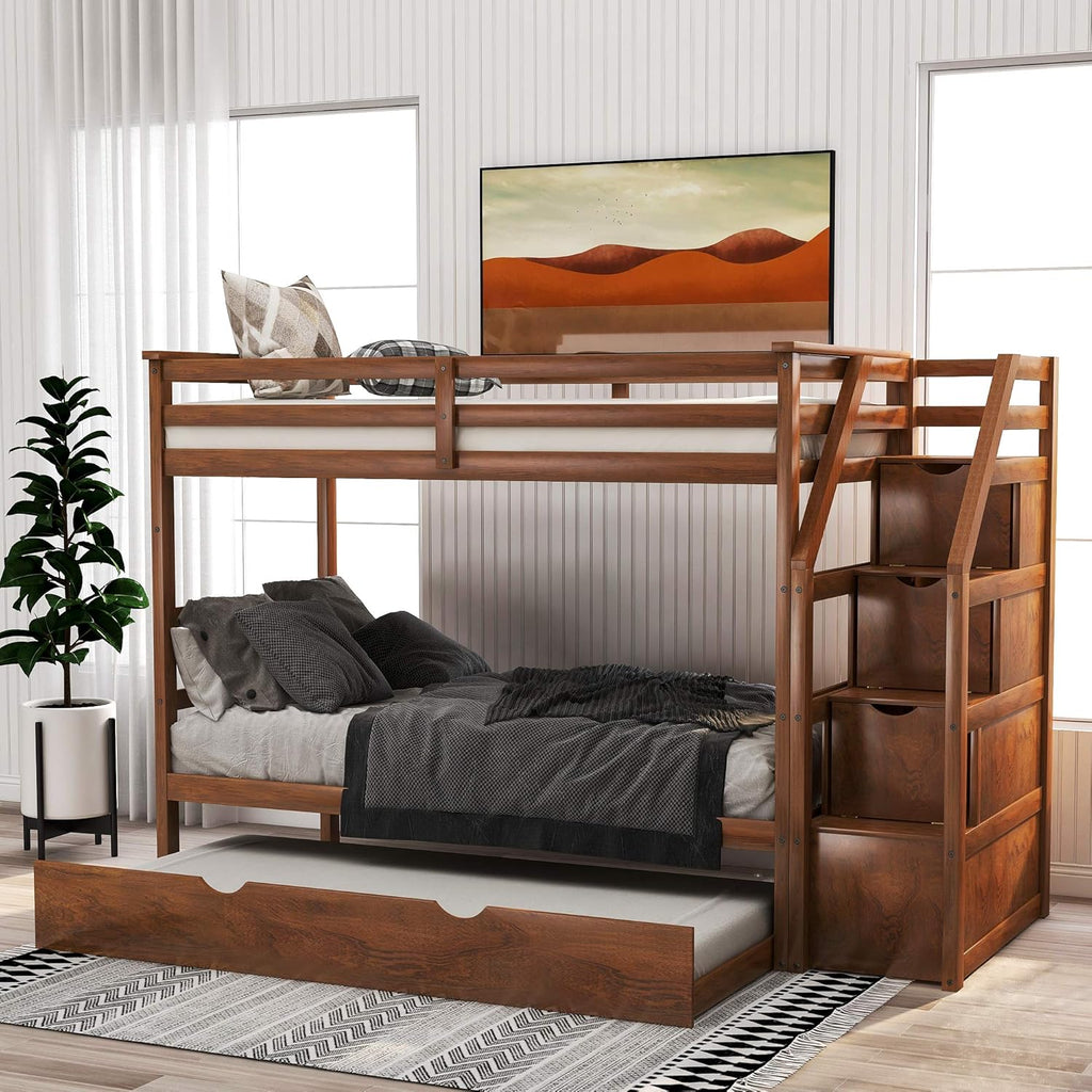 Solid Wood Twin-Over-Twin Bunk Bed with 3 Storage Drawers and Staircase (Grey) Q574462