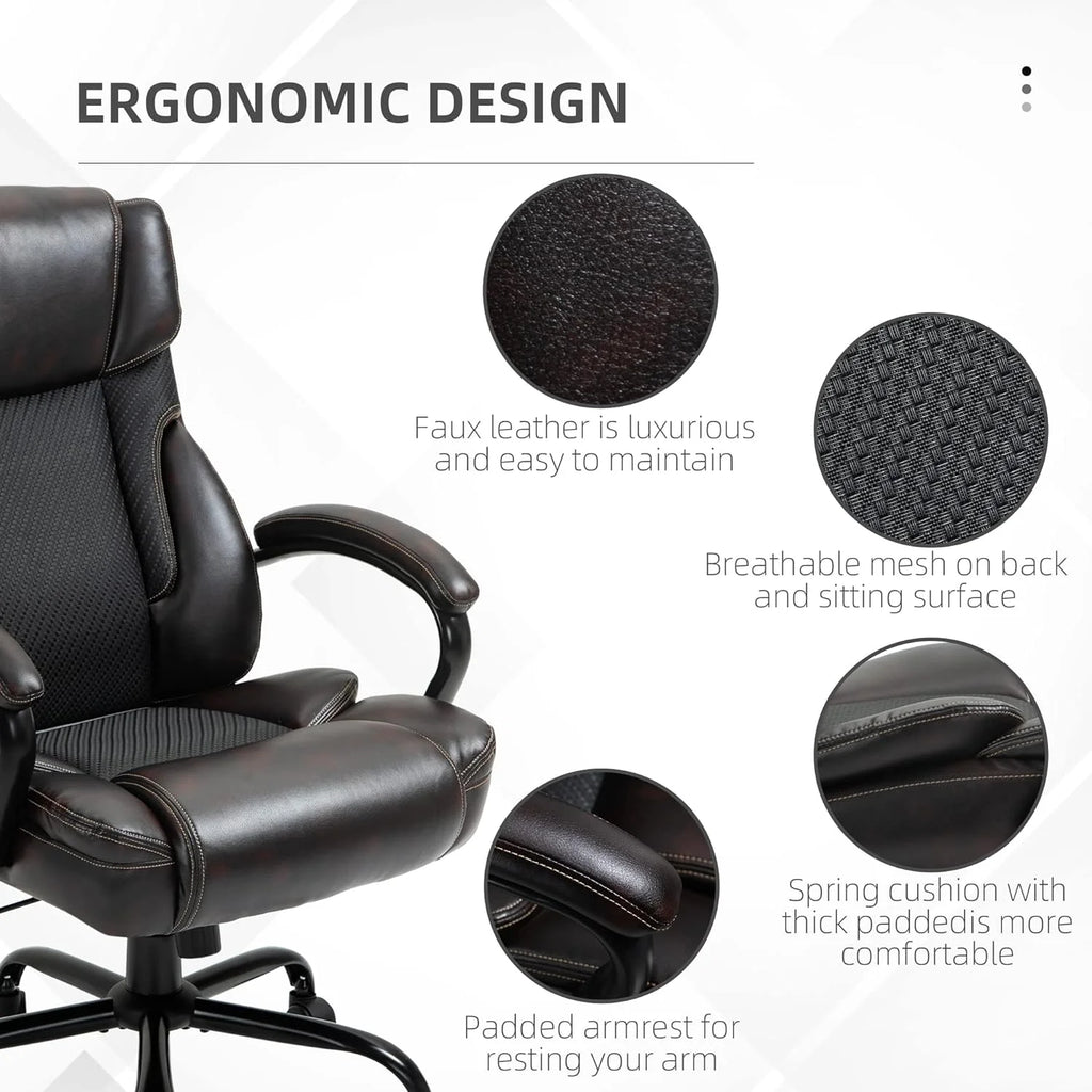 Big And Tall Ergonomic Executive Office Chair With Wide Seat, High Back Adjustable Swivel PU Leather, Brown W30257