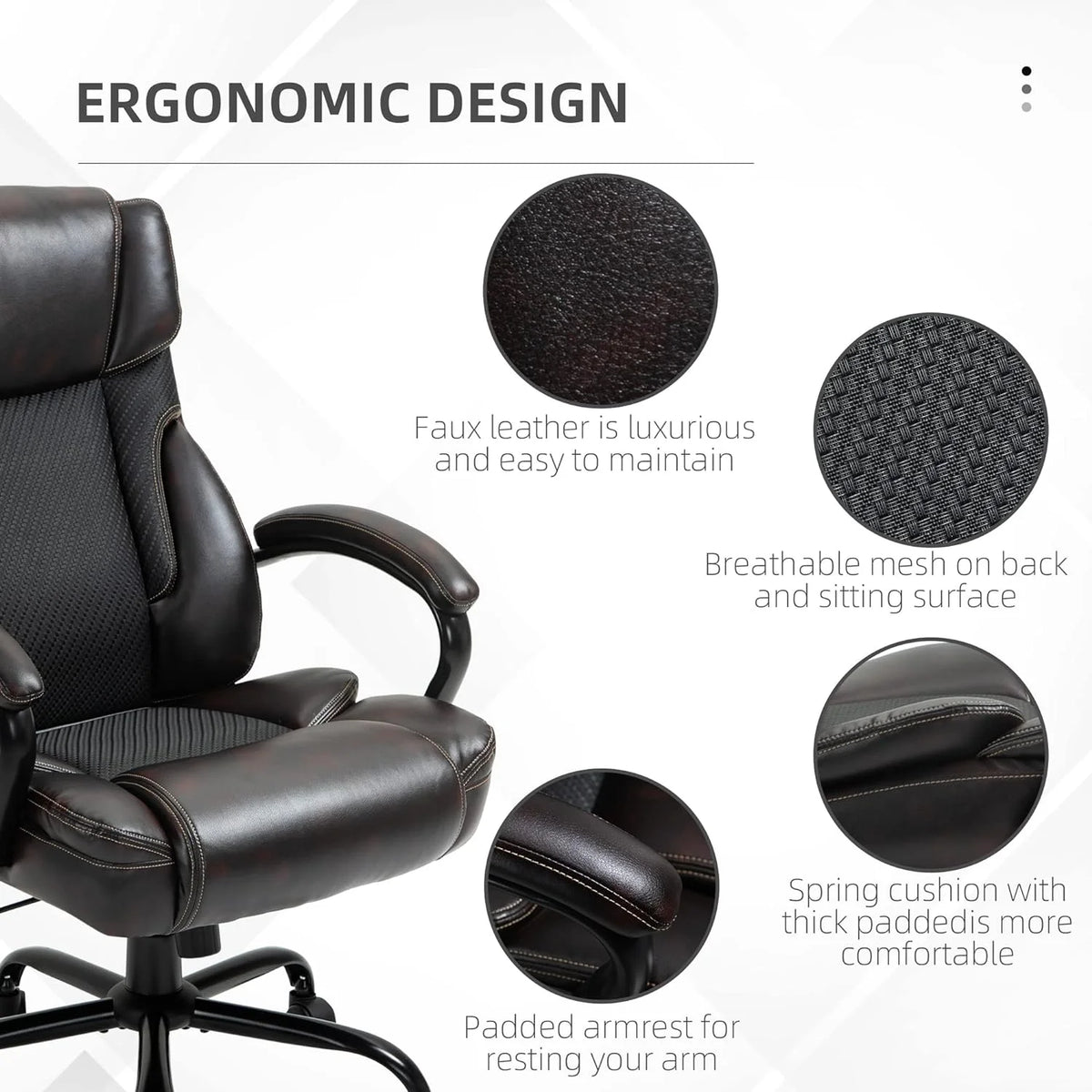 Big And Tall Ergonomic Executive Office Chair With Wide Seat, High Back Adjustable Swivel PU Leather, Brown W30257