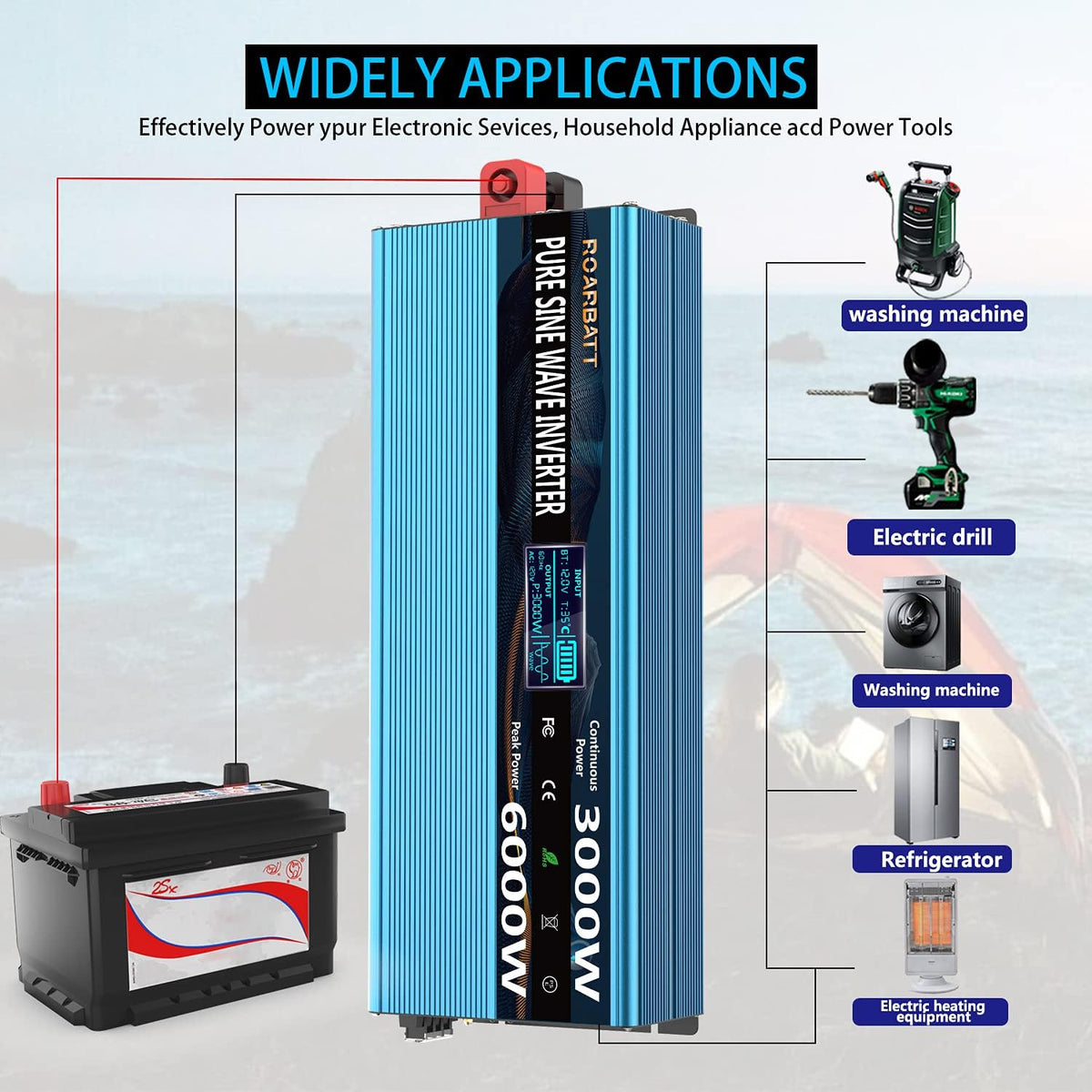 3000Watt 12V DC to AC 110V 120V Power Inverter with Remote Control 4 AC Outlets Dual USB Port L1689