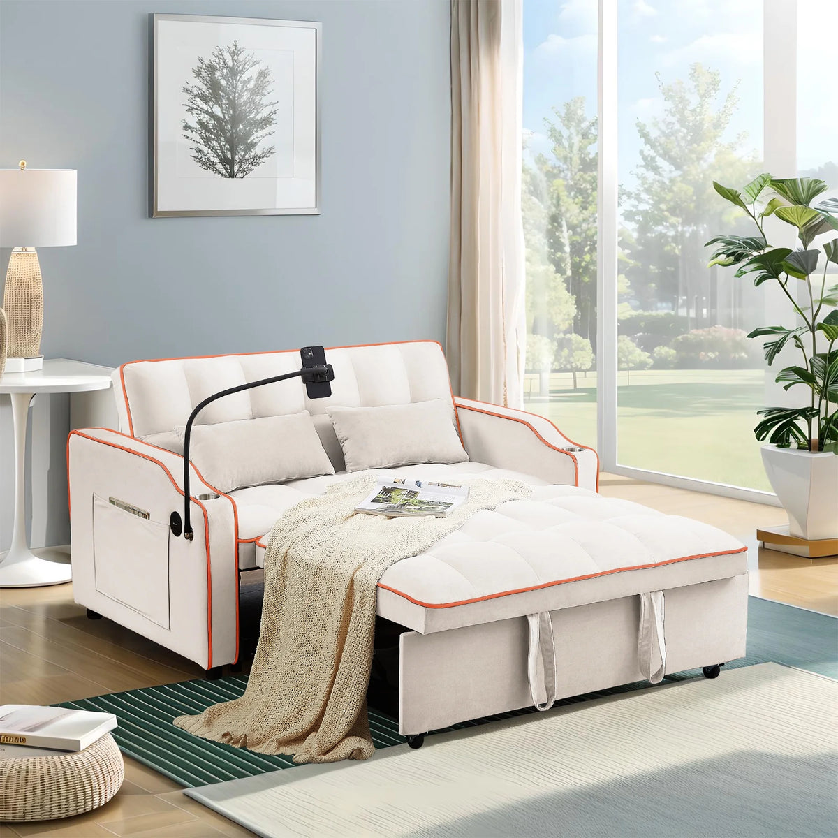 Beige Velvet 2 Seater Pull Out Sofa Bed with USB Port and Cup Holders S600