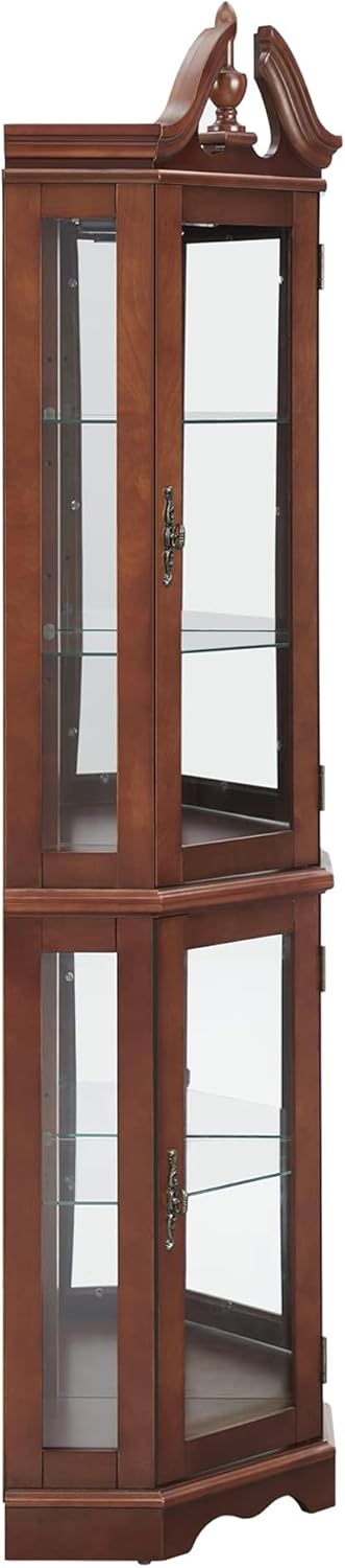 Lighted Curio Cabinet with Curved Top Finial, Wooden Corner Display Cabinet with Adjustable Tempered Glass Shelves Y413279