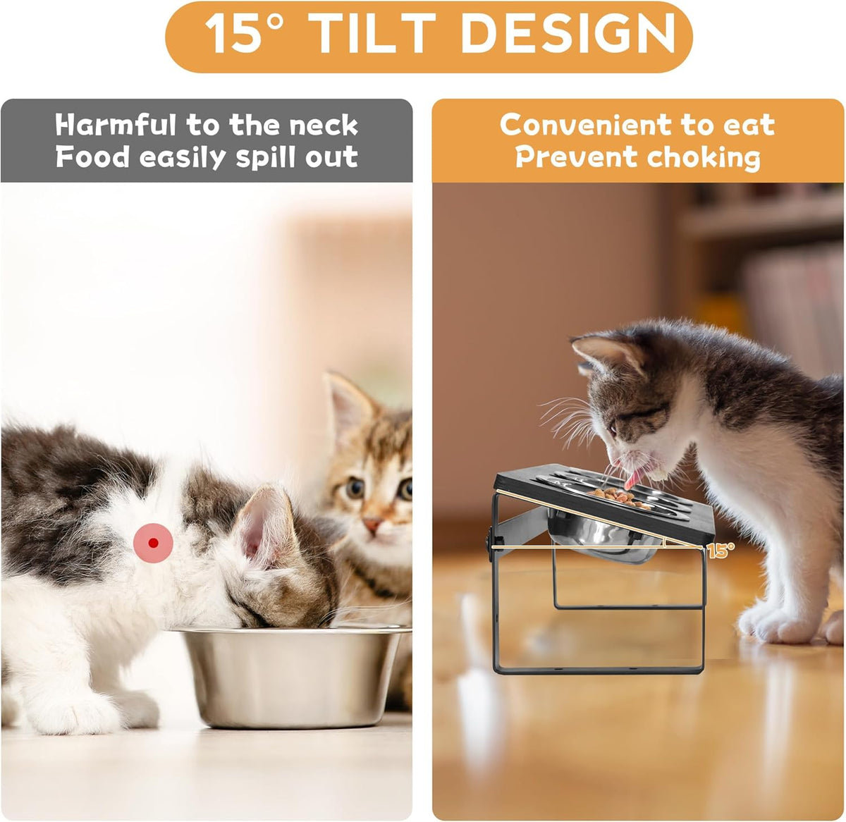 15° Tilted Raised Cat Bowls with Stainless Steel Feeder Bowls X471238