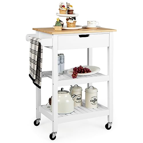 Natural Bamboo Rolling Kitchen Island Cart with Drawer and Shelves W784
