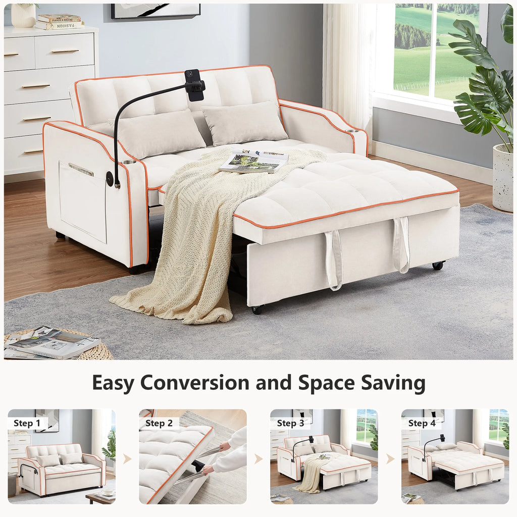 Beige Velvet 2 Seater Pull Out Sofa Bed with USB Port and Cup Holders S600