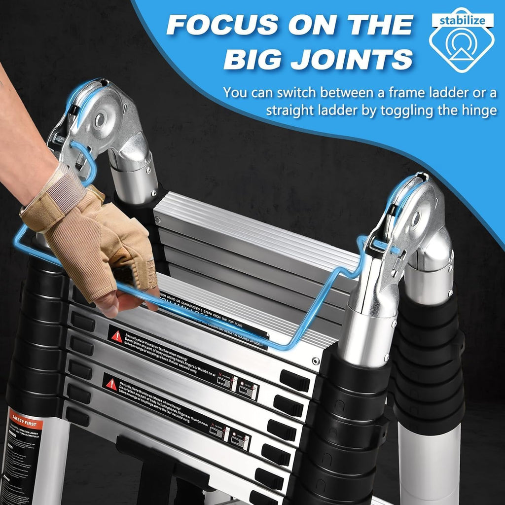 16.5 Ft Aluminum Telescoping Ladder with Wheels and Stabilizer Bar V2464