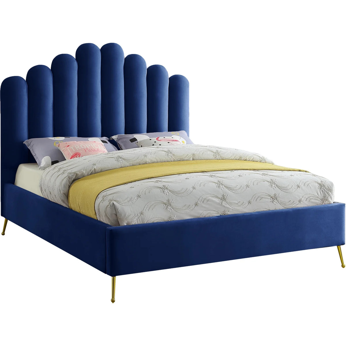 Velvet Upholstered Platform Bed with Gold Steel Legs A9610