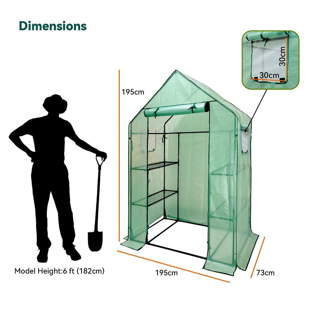 Walk-In Greenhouse Kit with Cover, 3 Tiers 6 Shelves, Portable Greenhouse with Observation Windows, PE Door, Ground Pegs & Ropes W650