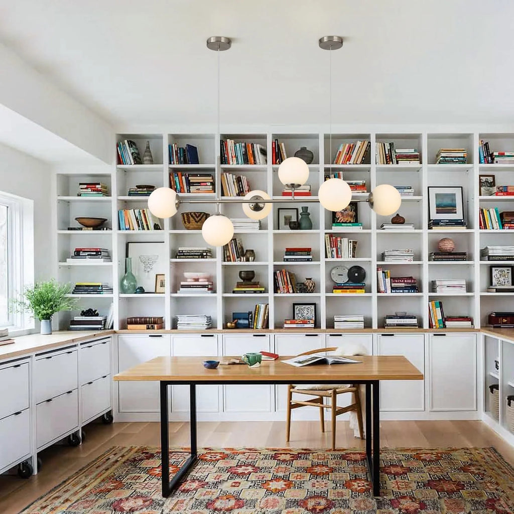Modern Ceiling Pendant Lighting, Mid-Century Glass Globes Pendant Lamp, LED 6-Light Hanging Adjustable Chandelier for Kitchen Island Living Dining Room (Silver+Clear) Y41191