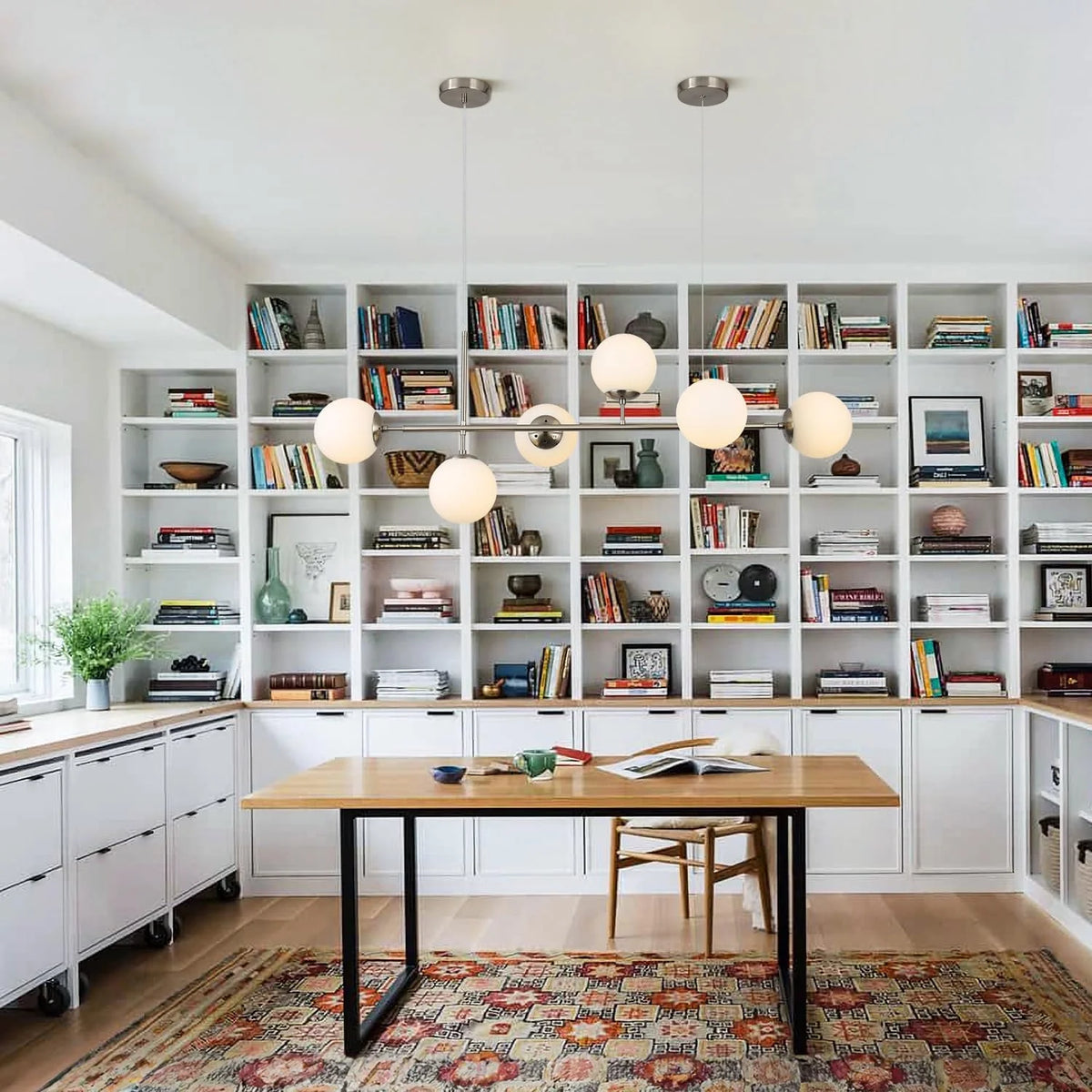Modern Ceiling Pendant Lighting, Mid-Century Glass Globes Pendant Lamp, LED 6-Light Hanging Adjustable Chandelier for Kitchen Island Living Dining Room (Silver+Clear) Y41191