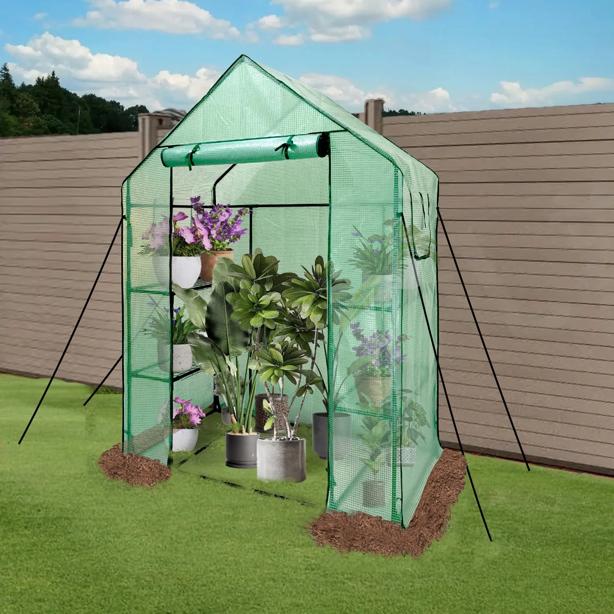Walk-In Greenhouse Kit with Cover, 3 Tiers 6 Shelves, Portable Greenhouse with Observation Windows, PE Door, Ground Pegs & Ropes W650