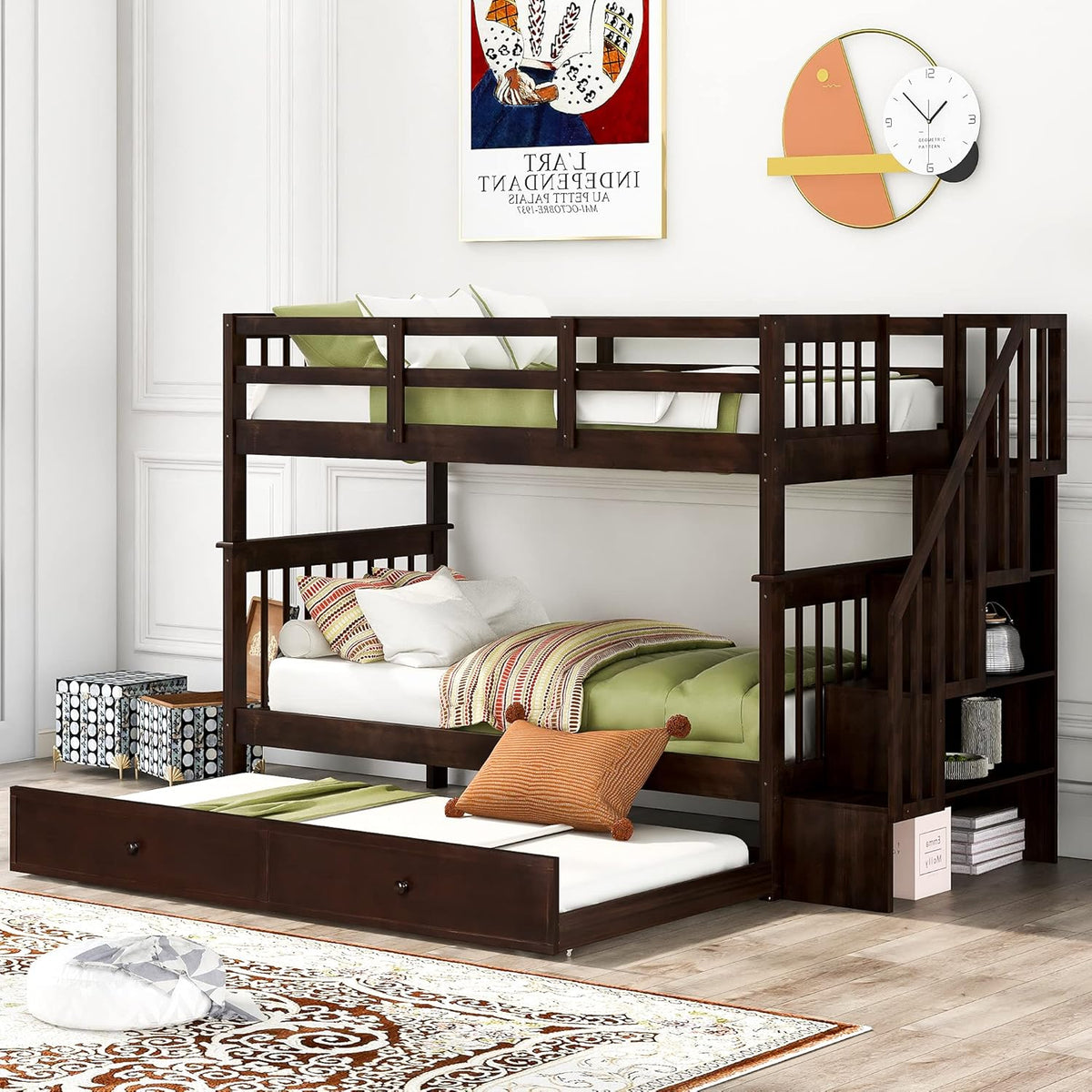 Solid Wood Twin-Over-Twin Bunk Bed with 3 Storage Drawers and Staircase (Grey) Q574462