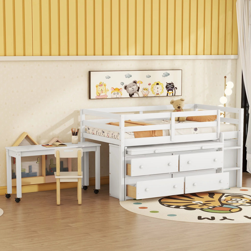 Twin Size White Wood Loft Bed with Desk and 4 Drawers L596011