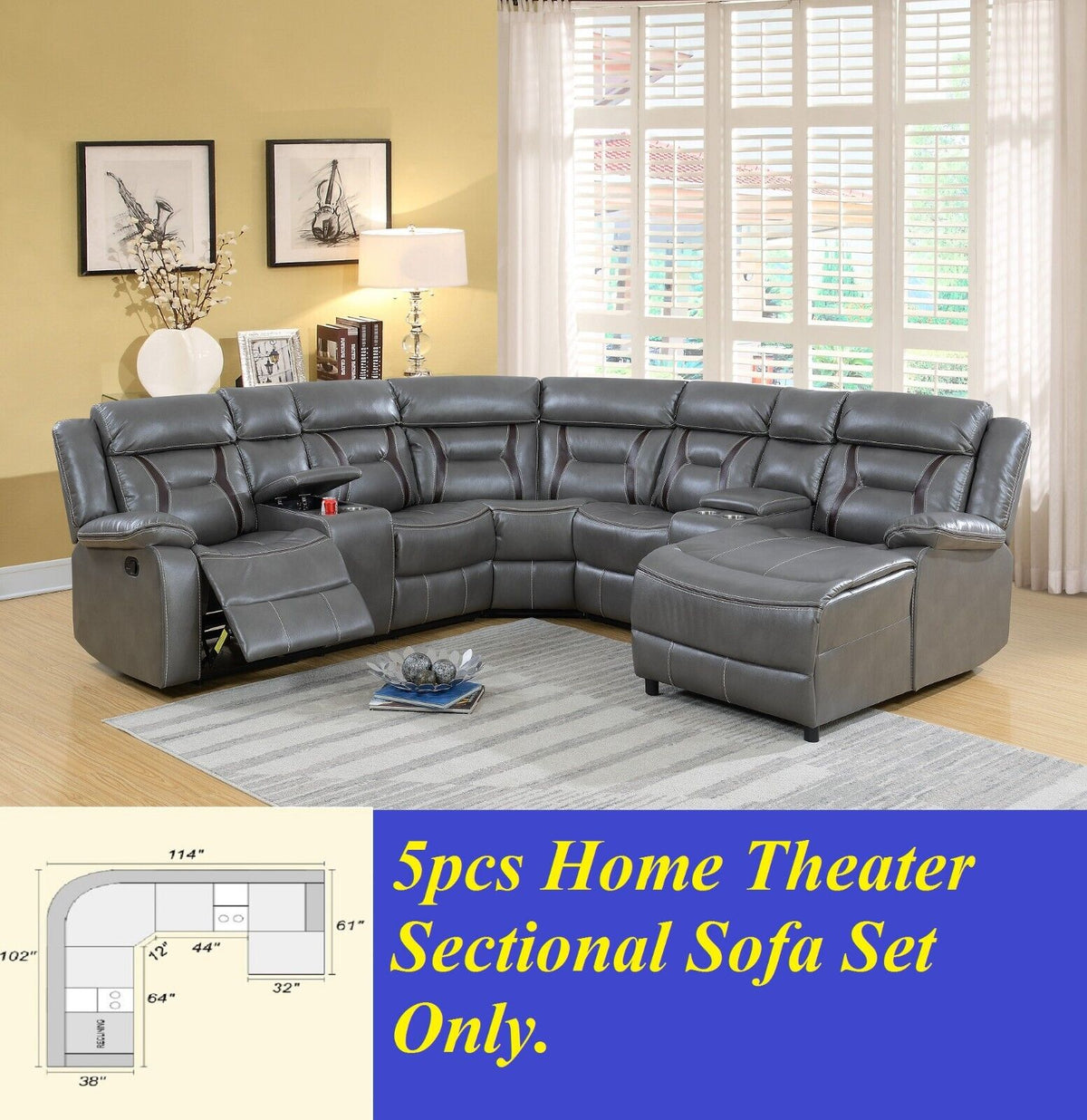 Gray Gel Leatherette 5pc Sectional Sofa Set V779892