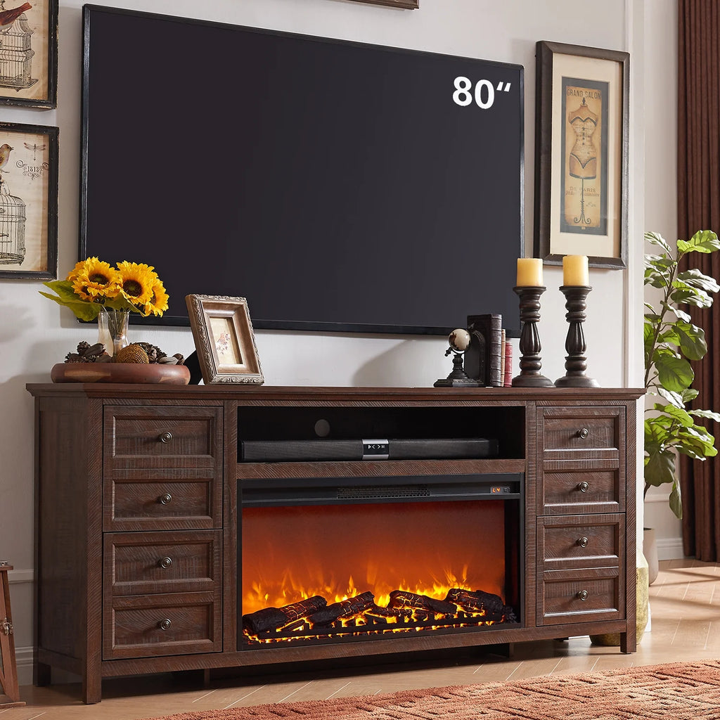 70 Inch Brown Fireplace TV Stand with 36 Electric Fireplace R3404