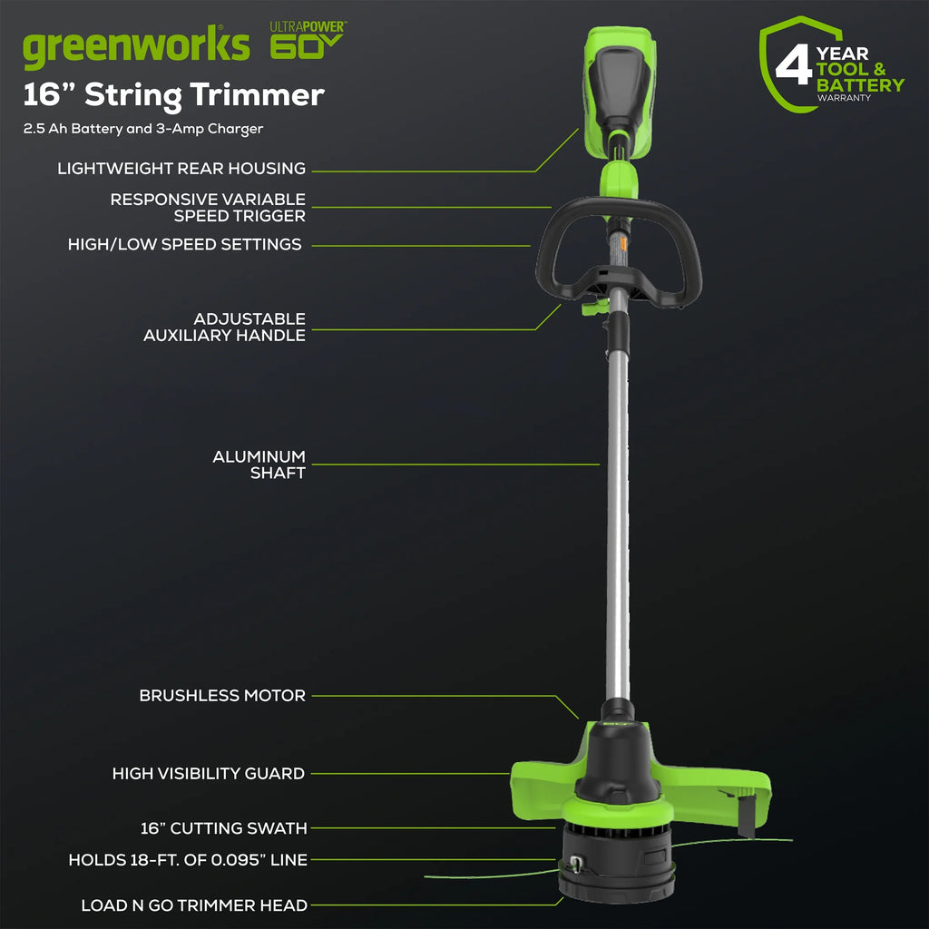 60V 16 String Trimmer & 630 CFM 170 MPH Blower Combo Kit with 2.5Ah Battery & 3 Amp Charger B50948