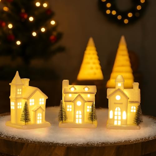 3Pcs Light Up Porcelain Christmas Village Houses with 4Pcs Christmas Trees LED Lighted Tabletop Figurines Y86105