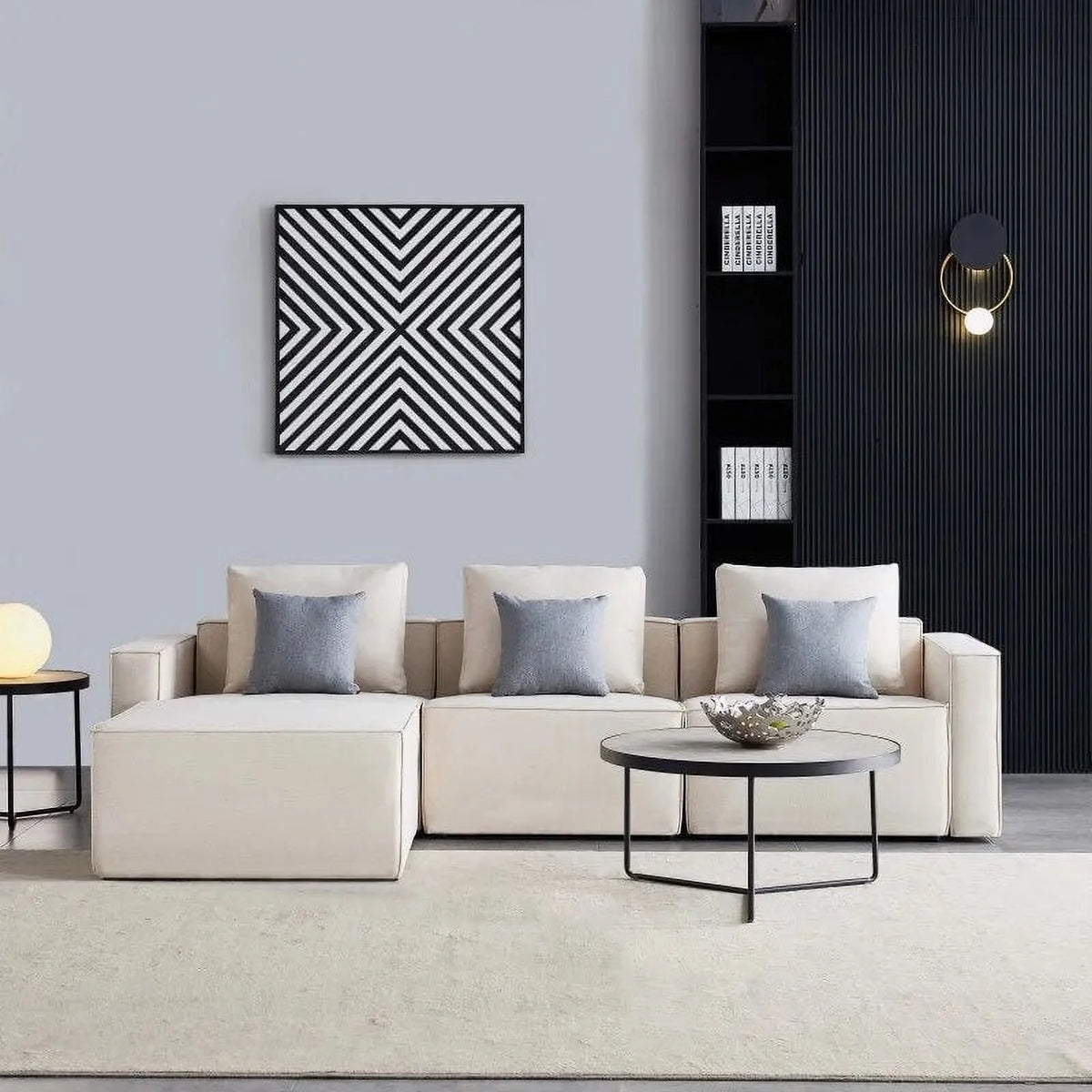 L-Shape Linen Sectional Sofa with Ottoman T59421