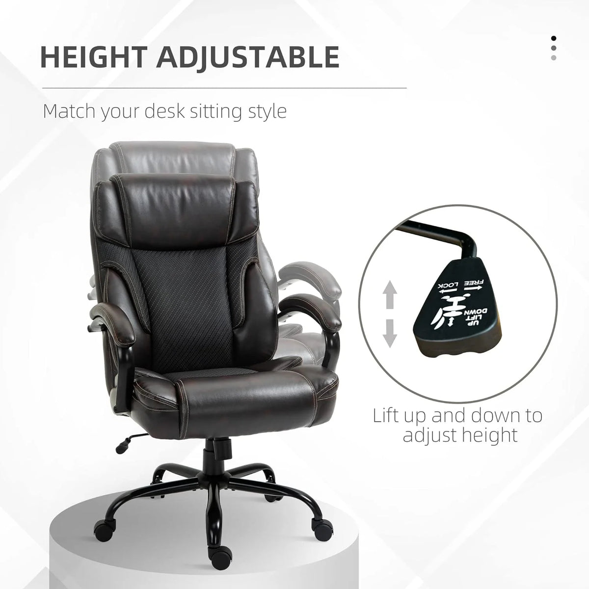 Big And Tall Ergonomic Executive Office Chair With Wide Seat, High Back Adjustable Swivel PU Leather, Brown W30257