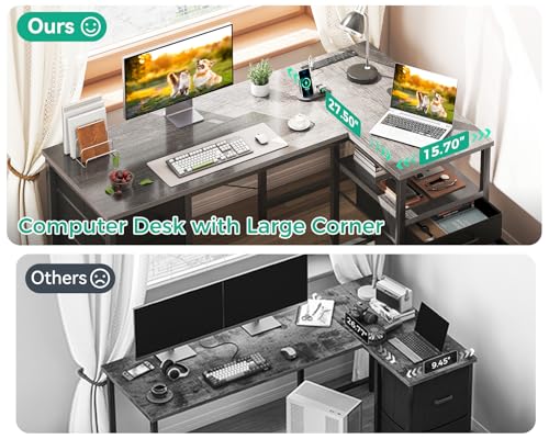 L Shaped Computer Desk with 6 Drawers & Power Outlet, 55 Inch Grey Oak K443