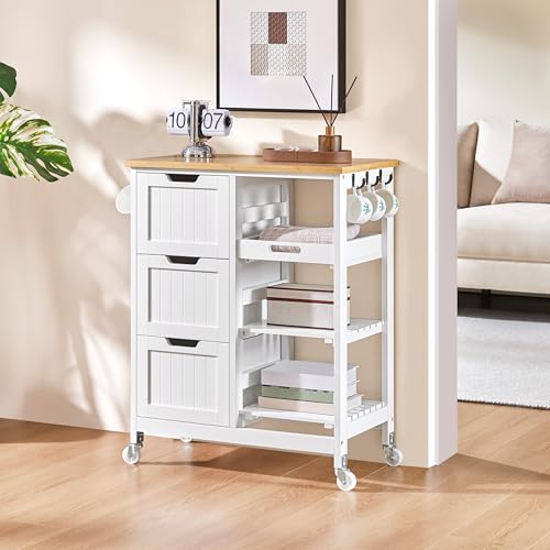 White Kitchen Island Cart on Wheels with Bamboo Countertop S846