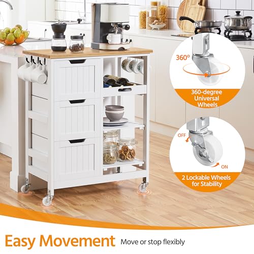 White Kitchen Island Cart on Wheels with Bamboo Countertop S846