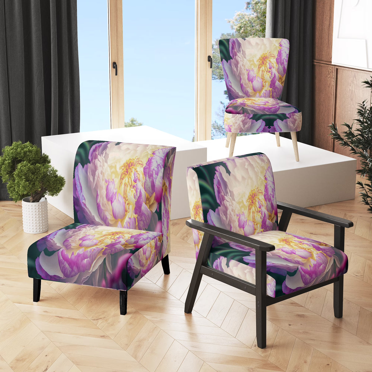 Upholstered Floral Peony Accent Chair J637