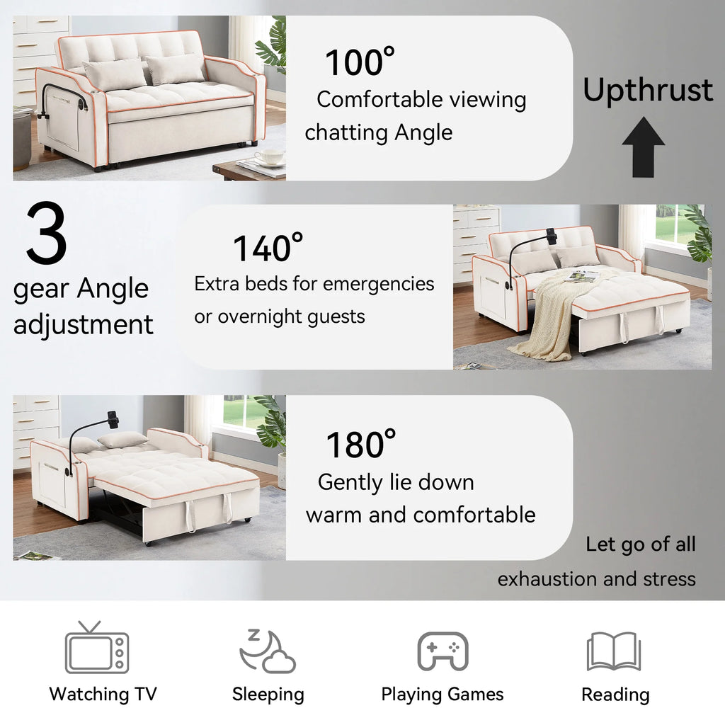 Beige Velvet 2 Seater Pull Out Sofa Bed with USB Port and Cup Holders S600
