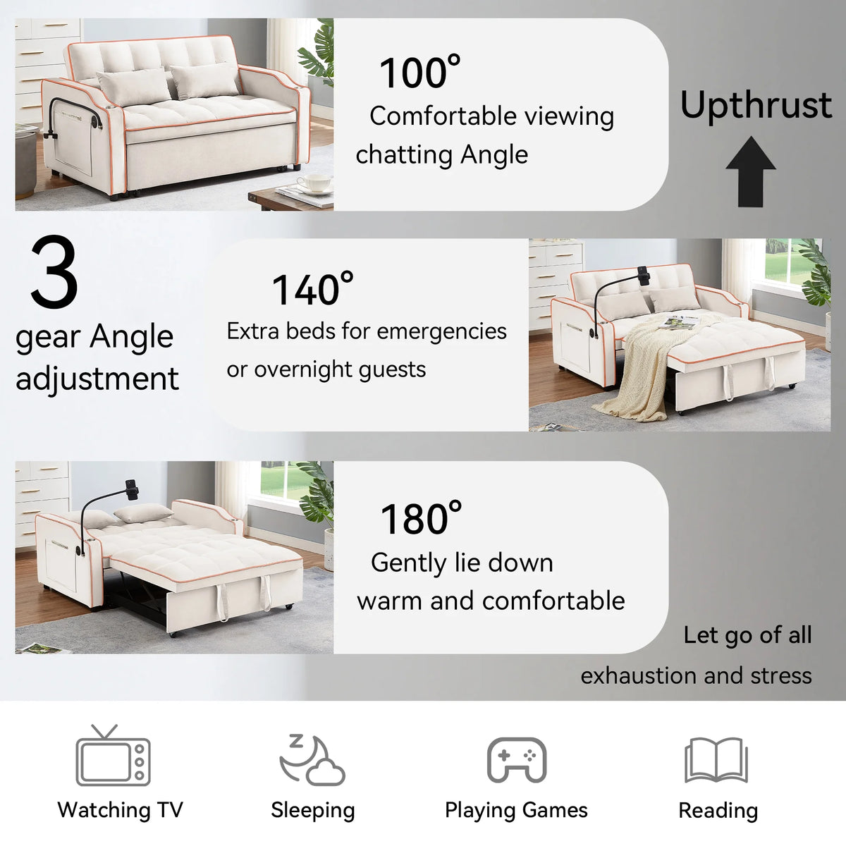 Beige Velvet 2 Seater Pull Out Sofa Bed with USB Port and Cup Holders S600