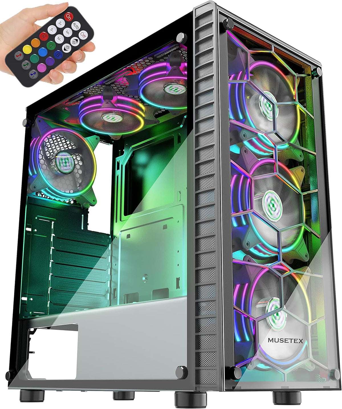 ATX Mid-Tower Computer Case with 6 Pcs ARGB Fans, USB 3.0, Tempered Glass Panels, Black Y1611