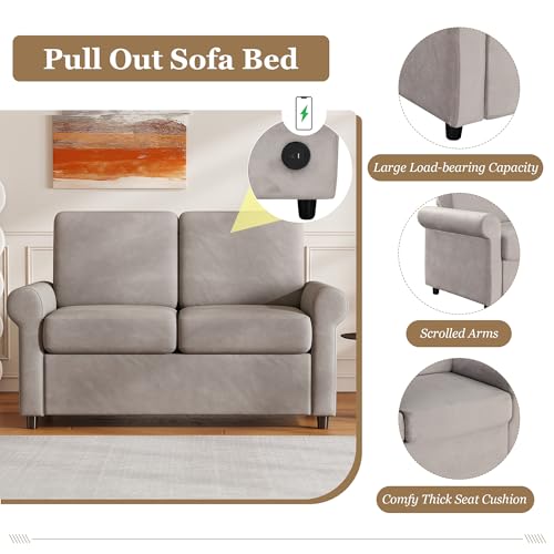 Grey Velvet Convertible Sofa Bed with Memory Foam Mattress W412835
