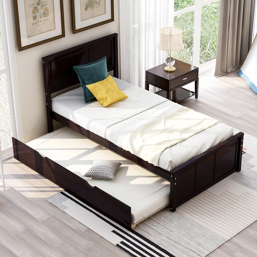 Wood Twin Platform Bed with Headboard & Trundle L1825