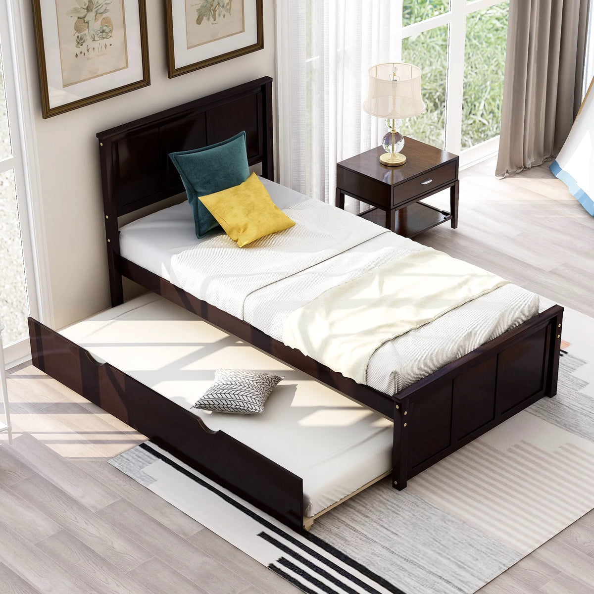 Wood Twin Platform Bed with Headboard & Trundle L1825