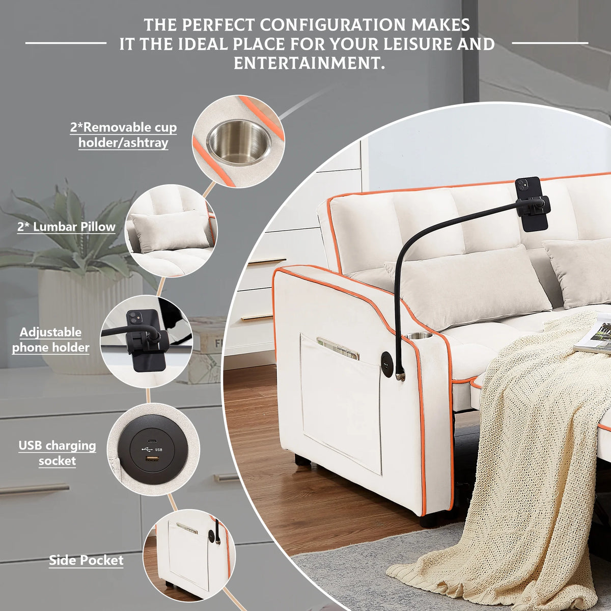 Beige Velvet 2 Seater Pull Out Sofa Bed with USB Port and Cup Holders S600