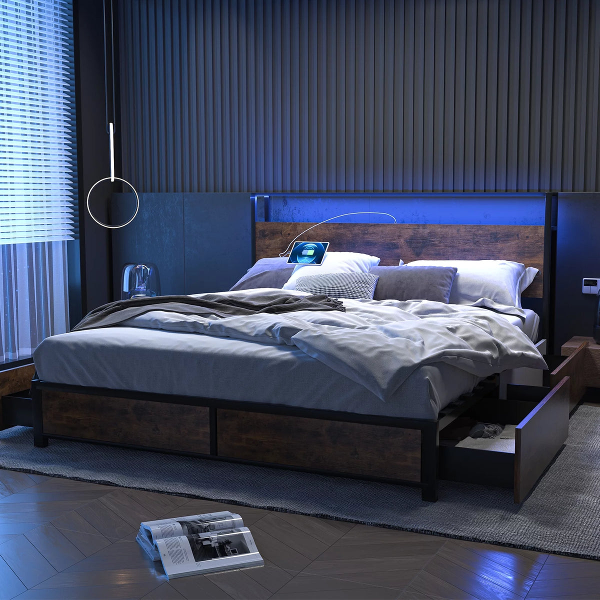 Queen Size LED Platform Bed Frame with 2 USB Ports and 4 Storage Drawers Q847616