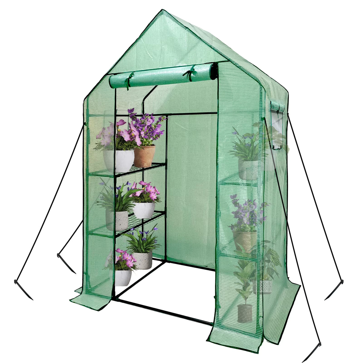 Walk-In Greenhouse Kit with Cover, 3 Tiers 6 Shelves, Portable Greenhouse with Observation Windows, PE Door, Ground Pegs & Ropes W650