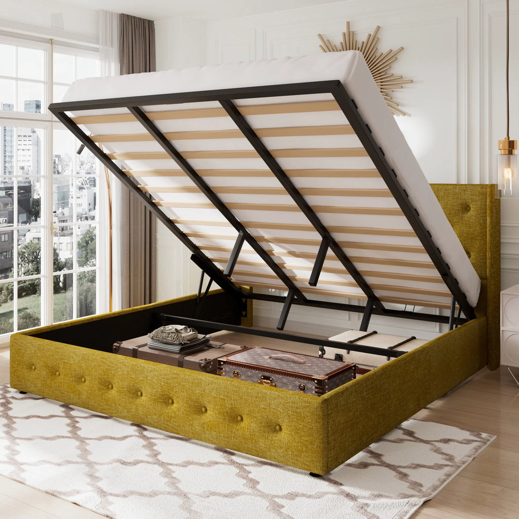 Queen Size Lift Up Storage Bed Frame with Wingback Headboard A7048