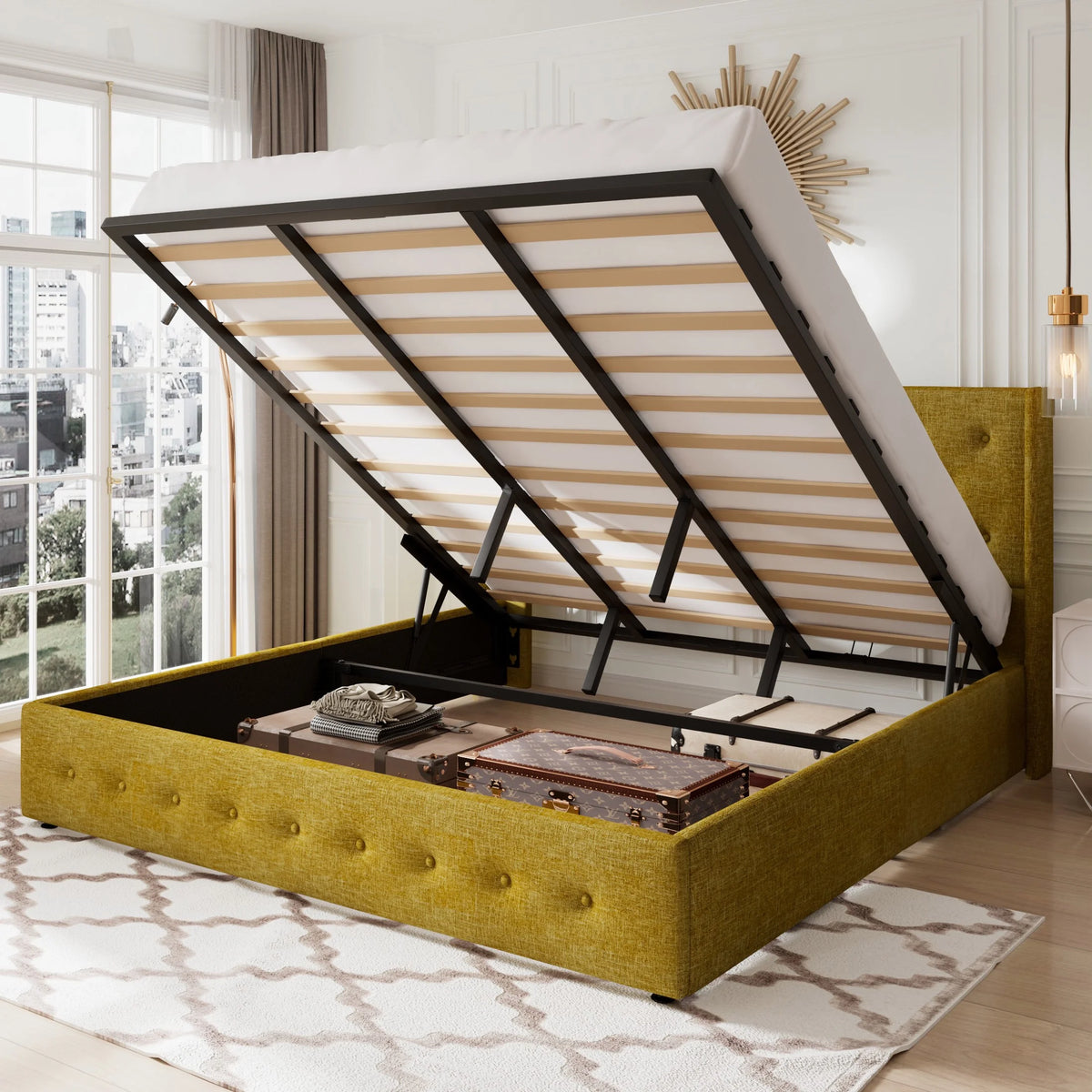 Queen Size Lift Up Storage Bed Frame with Wingback Headboard A7048