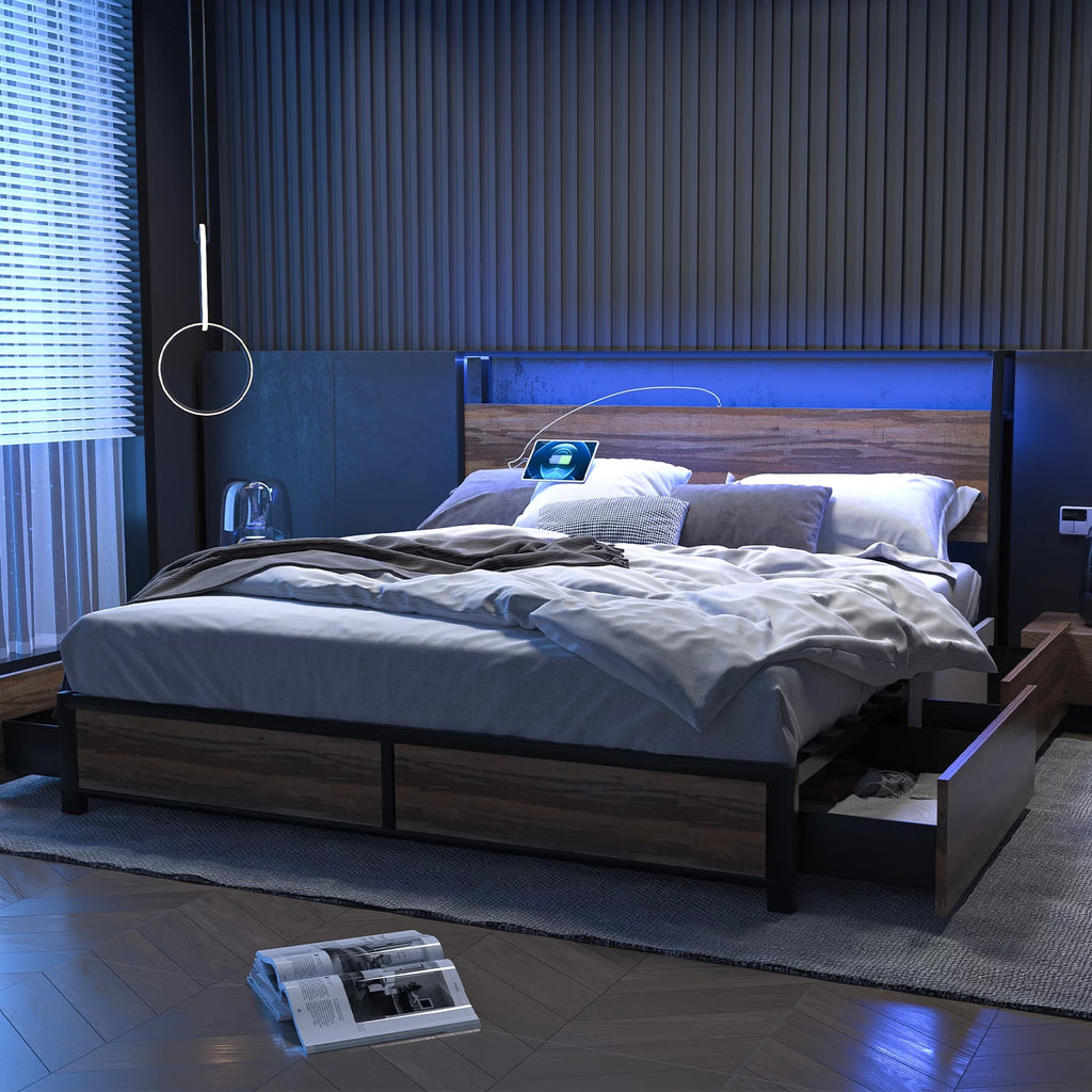 Queen Size LED Platform Bed Frame with 2 USB Ports and 4 Storage Drawers Q847616