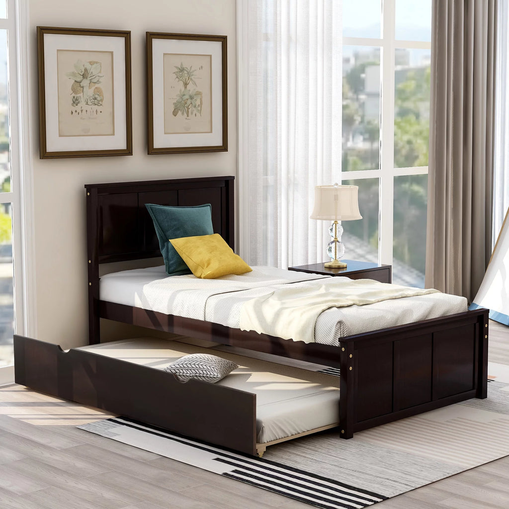 Wood Twin Platform Bed with Headboard & Trundle L1825