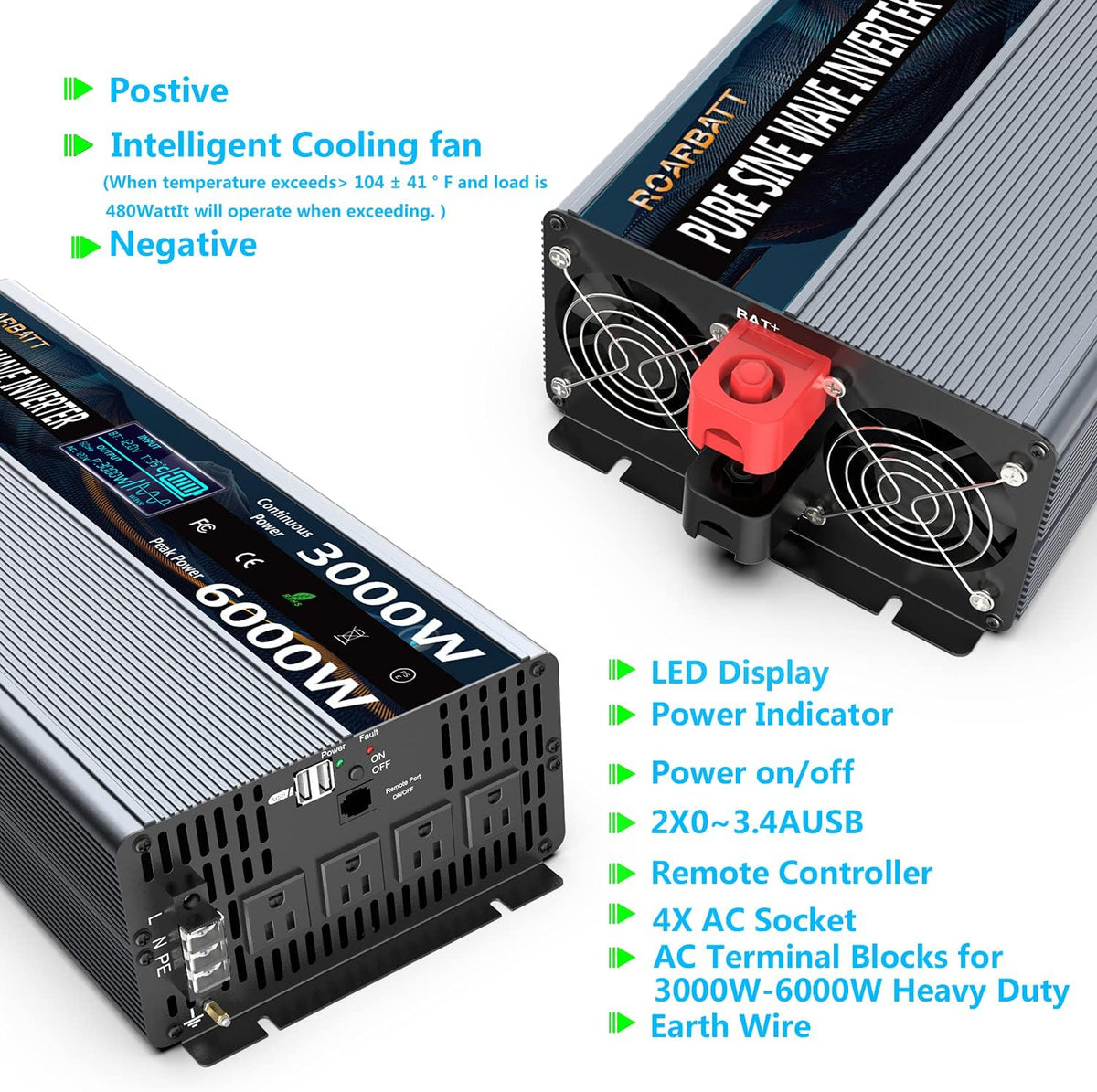 3000Watt 12V DC to AC 110V 120V Power Inverter with Remote Control 4 AC Outlets Dual USB Port L1689