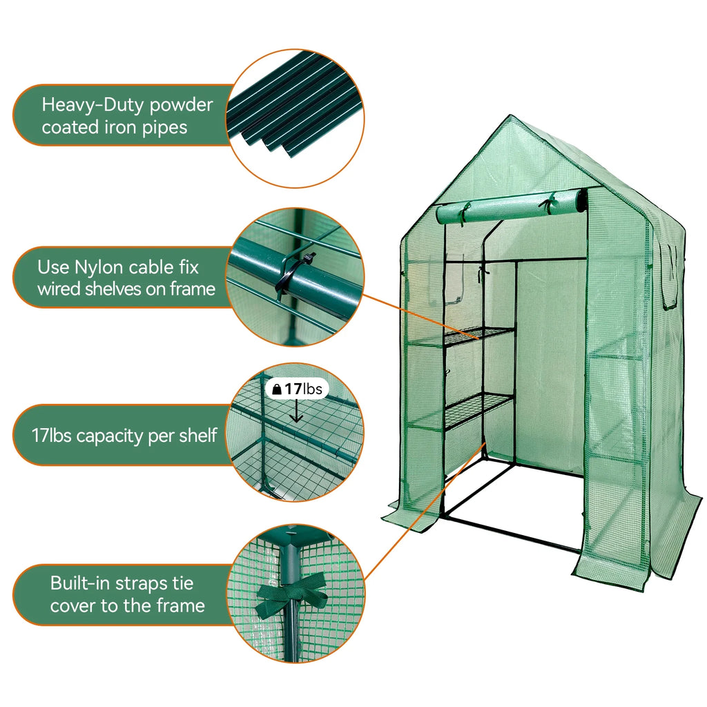 Walk-In Greenhouse Kit with Cover, 3 Tiers 6 Shelves, Portable Greenhouse with Observation Windows, PE Door, Ground Pegs & Ropes W650