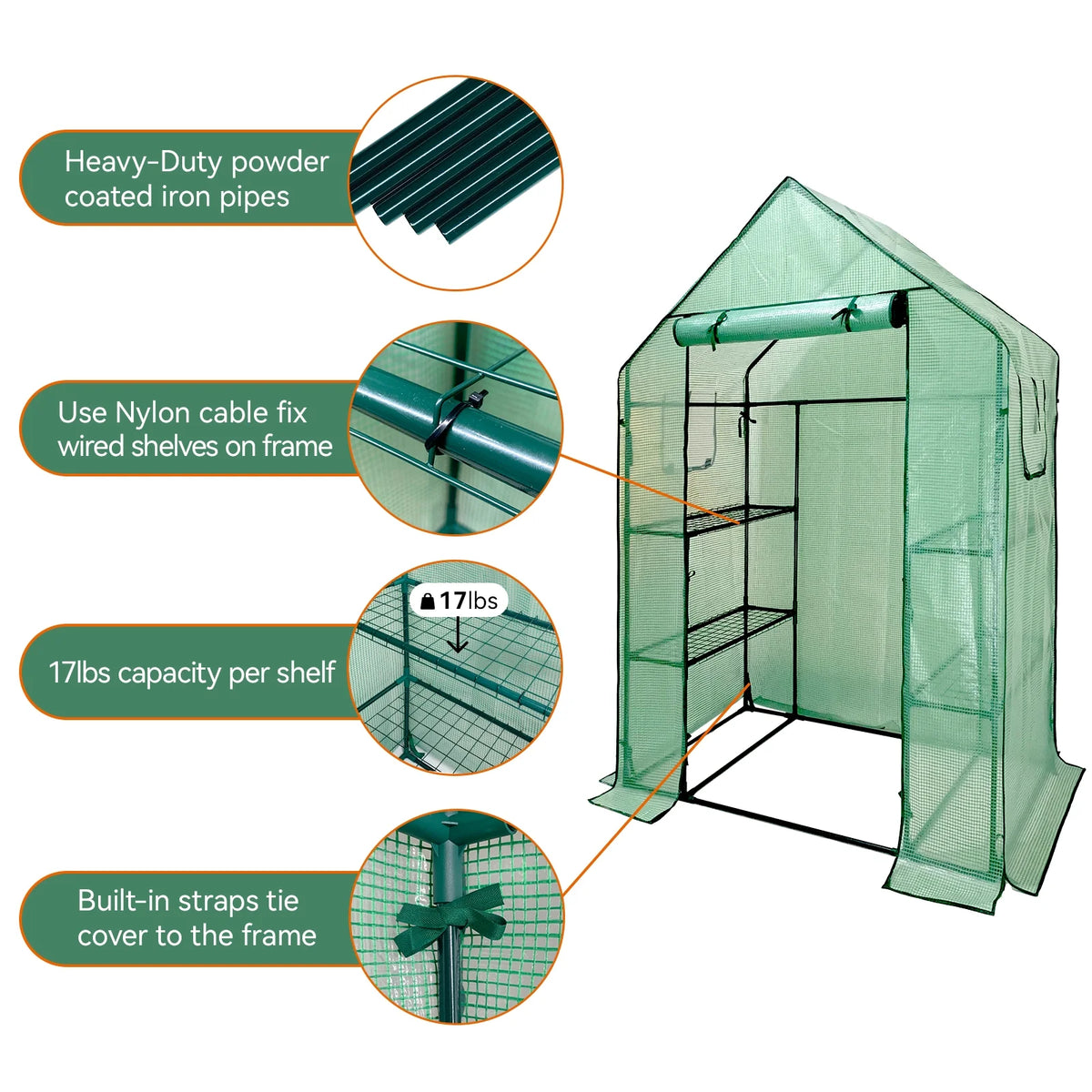 Walk-In Greenhouse Kit with Cover, 3 Tiers 6 Shelves, Portable Greenhouse with Observation Windows, PE Door, Ground Pegs & Ropes W650