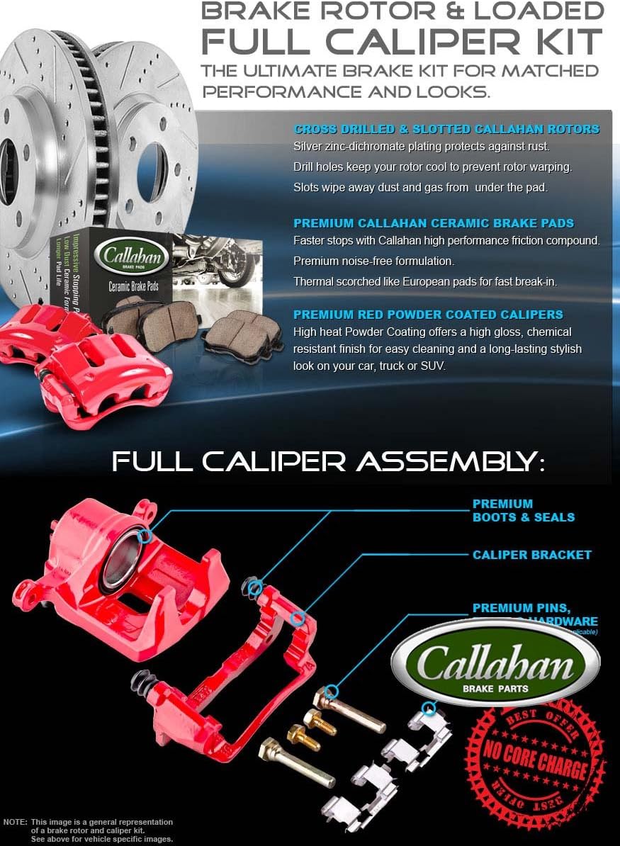 Powder Coated Red Loaded Calipers + Drilled Slotted Rotors + Ceramic Brake Pads Kit B21971