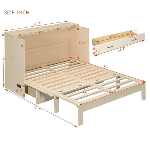 Gray Full Size Solid Wood Murphy Bed with Storage Drawer C35859