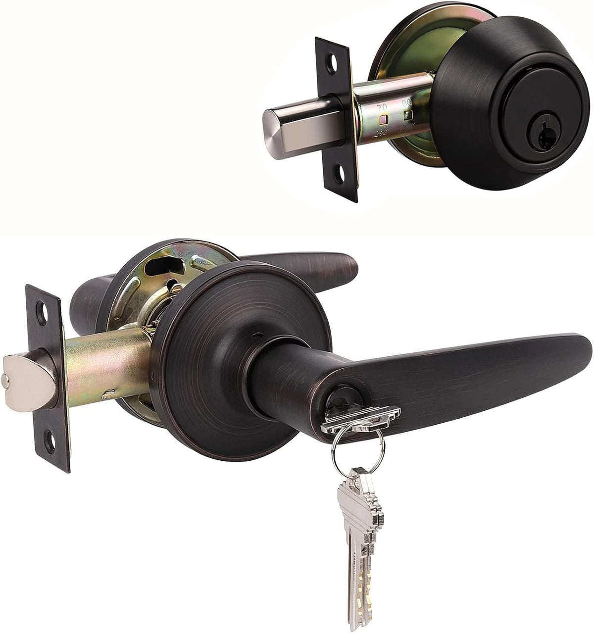 2 Pack Keyed Entry Door Lever and Single Cylinder Deadbolt Combination Set in Satin Nickel Finish P1474